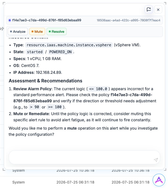 AtlasClaw offering analysis, mute, and resolve actions in an alert Context